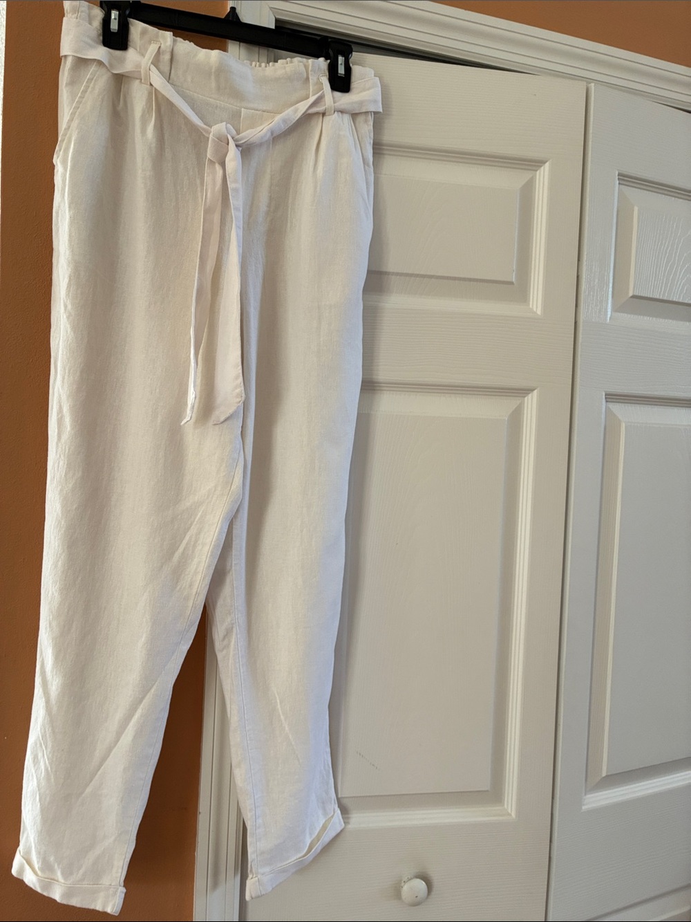 Love Tree Off White High-Waist Tie-Front Paperbag Linen Pants